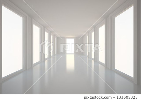 Flat design corridor is showcasing glossy white floor; windows are lining sides toward tall doorway Flat design corridor is showcasing glossy white floor; windows are lining sides toward tall doorway 133605325