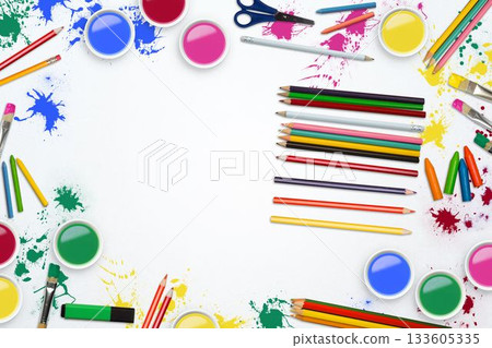 Flat illustration is showing paint cups and color pencils bordering blank sheet on desk, copy space Flat illustration is showing paint cups and color pencils bordering blank sheet on desk, copy space 133605335