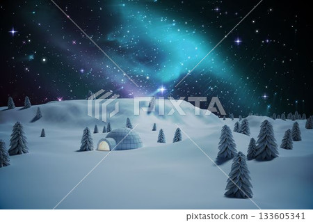 Illuminated igloo on snow field Illuminated igloo on snow field 133605341