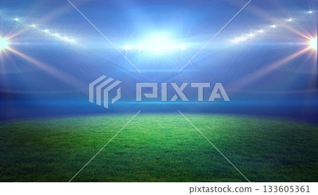 Empty grass pitch is being floodlit at night, casting blue-white beams on transparent background Empty grass pitch is being floodlit at night, casting blue-white beams on transparent background 133605361