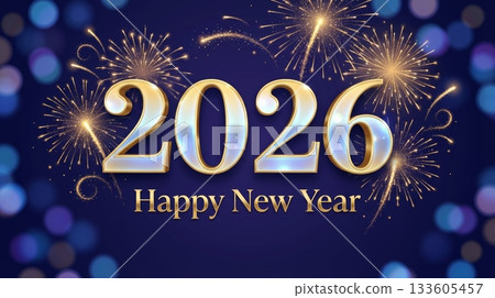 Gold Fireworks 2026 on Solid Background 133605457