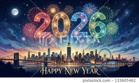 Night Sky Fireworks 2026 with City Silhouette Night Sky Fireworks 2026 with City Silhouette 133605462