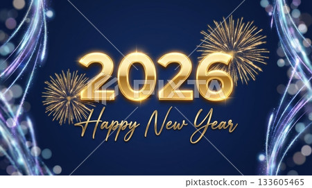 Gold Fireworks 2026 on Solid Background 133605465