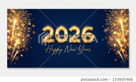 Gold Fireworks 2026 on Solid Background 133605466