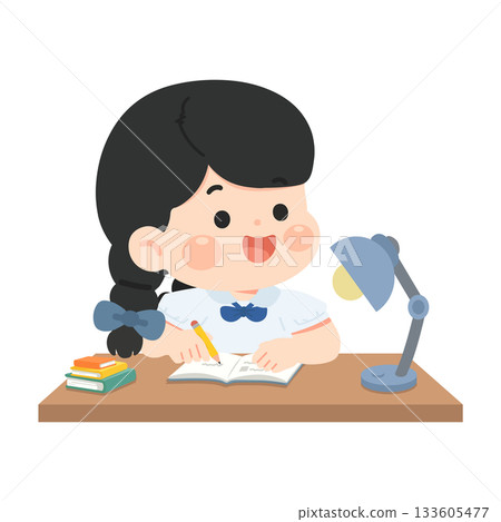 Illustration of a Girl Studying at a Desk Illustration of a Girl Studying at a Desk 133605477