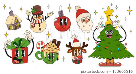 Retro groovy Christmas cartoon sticker set 133605516