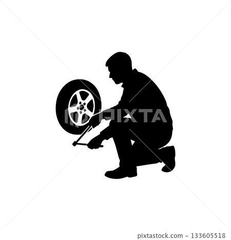 mechanic silhouette icon man changing car tire with tools illustration mechanic silhouette icon man changing car tire with tools illustration 133605518