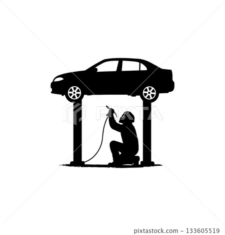 mechanic welding under car on lift silhouette isolated on white background mechanic welding under car on lift silhouette isolated on white background 133605519