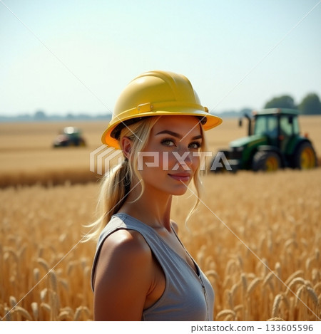 Young woman in a wheat field with tractor in the background Generative AI Young woman in a wheat field with tractor in the background Generative AI 133605596