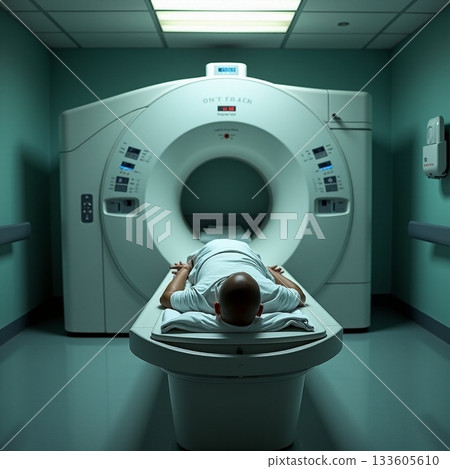 Patient undergoing MRI scan in a medical facility Generative AI 133605610