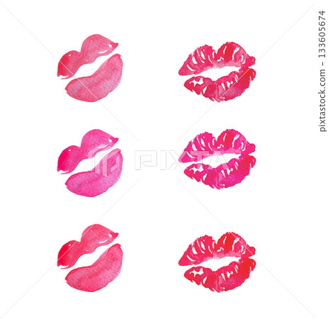 Watercolour red and pink kisses. Red lip prints. 133605674