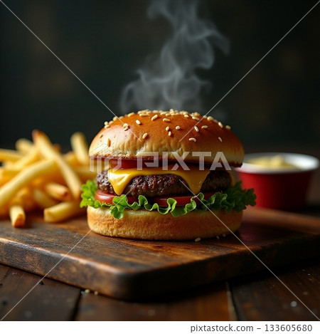 Delicious hot burger with golden fries on a wooden board Generative AI 133605680