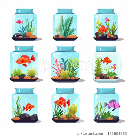 Nine Colorful Cartoon Fish Bowls with Aquatic Plants and Fish, Fresh Water Aquarium 133605683