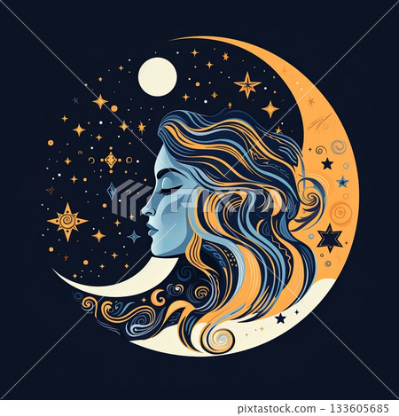 Celestial Dreamscape Woman s Profile with Moon, Stars, and Dreamy Hair Illustration Celestial Dreamscape Woman s Profile with Moon, Stars, and Dreamy Hair Illustration 133605685