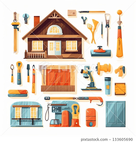 Handyman s Dream Toolkit and House Illustration for Construction and Home Improvement Projects 133605690
