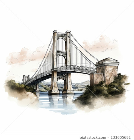 Majestic Suspension Bridge Sketch Over Calm Waters, Scenic Landscape. Ideal for Travel Prints. 133605691