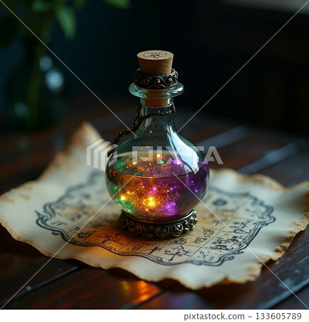 Glimmering potion rests on a weathered map of the Stars Generative AI 133605789