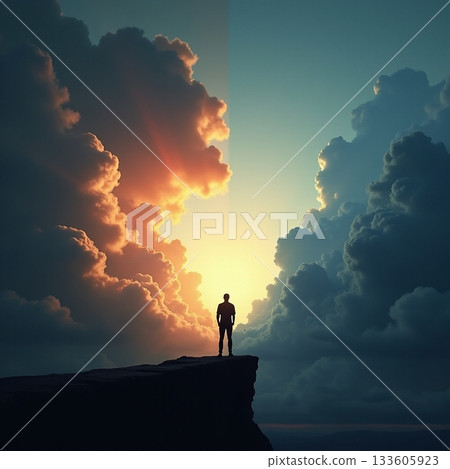 Standing at the edge of a colorful sunset sky Generative AI 133605923