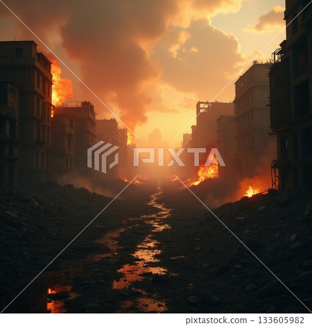 Burning cityscape at dusk with thick smoke and flames Generative AI Burning cityscape at dusk with thick smoke and flames Generative AI 133605982