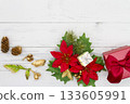 Gorgeous red poinsettia and presents, holiday season background material 133605991