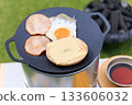 Close-up of a black multi-griddle and ingredients, with grass green in the background 133606032