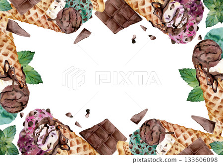 Mint leaves and berry gelato scoops with chocolate chips shavings in waffle cones. Isolated border frame illustration hand drawn in watercolor. Dessert-themed label, summer party flyer, cafe branding. 133606098