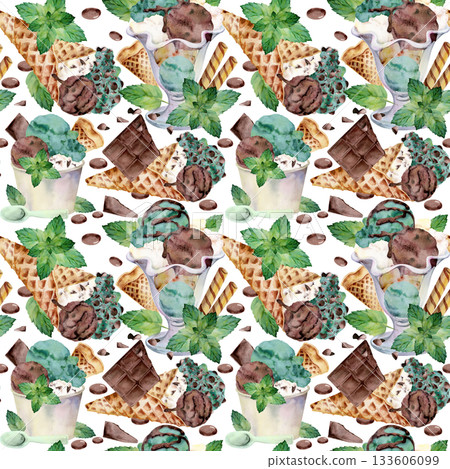 Chocolate chip mint ice cream in paper cup, sundae bowl, waffle cone. Waffles and flakes. Isolated seamless pattern illustration hand drawn in watercolor. Sweet food blog background, packaging detail 133606099