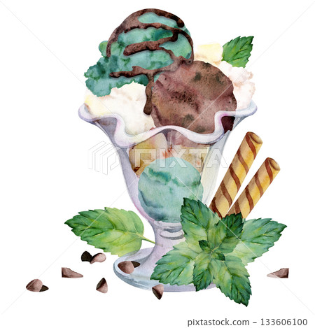 Chocolate chip gelato and waffle sticks combo, mint leaves and cocoa syrup drizzle in sundae glass bowl. Isolated illustration hand drawn in watercolor. Foodie art, cafe branding, frozen treat signage 133606100