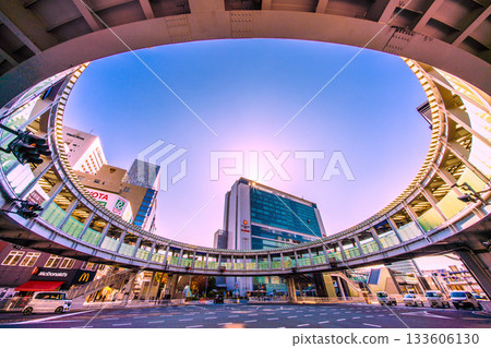 The cityscape of Yokohama, Japan. Shin-Yokohama is making great strides. View of Shin-Yokohama Station and the circular pedestrian bridge. A ray of hope for a new era. (27th) 133606130