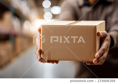 Hands holding delivery boxes with a clean single-color banner surface ready for design 133606169