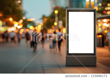 Street banner mockup with single-color base and warm blurred pedestrian motion Street banner mockup with single-color base and warm blurred pedestrian motion 133606171