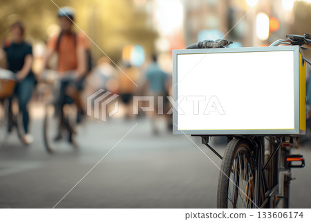 Bicycle cargo box banner mockup with clean base and softly blurred urban movement 133606174