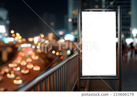Overpass banner mockup with dynamic blurred traffic and soft bokeh lights 133606179