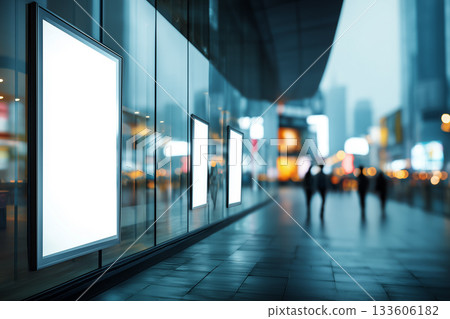 Glass building banner mockup with soft reflective bokeh and vivid tones Glass building banner mockup with soft reflective bokeh and vivid tones 133606182