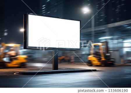 Industrial warehouse billboard mockup featuring a clean single-color display surface Industrial warehouse billboard mockup featuring a clean single-color display surface 133606190