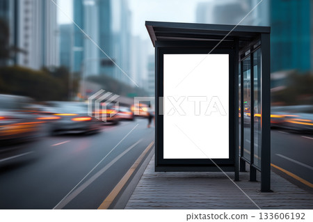 Clean banner mockup at bus stop with night traffic rendered as soft motion blur Clean banner mockup at bus stop with night traffic rendered as soft motion blur 133606192