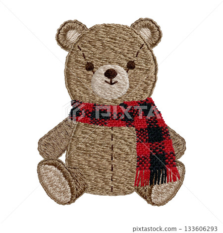 【戴著圍巾的泰迪熊】手工刺繡插畫素材 133606293