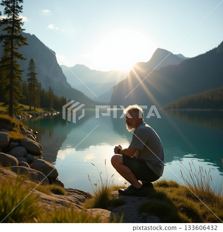 Man reflecting by the lake at sunrise in a serene landscape Generative AI 133606432