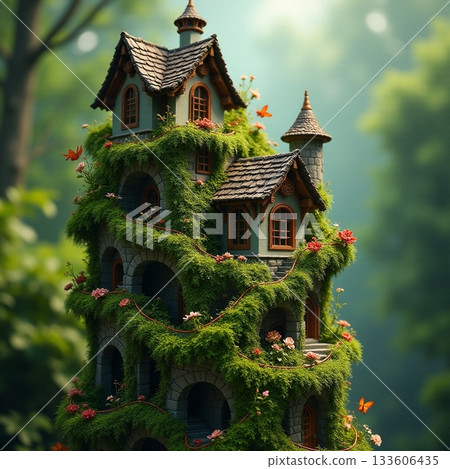 Magical garden tower surrounded by lush greenery and flowers Generative AI 133606435
