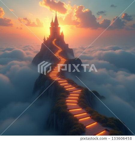 Majestic castle rises above clouds at sunset Generative AI 133606458