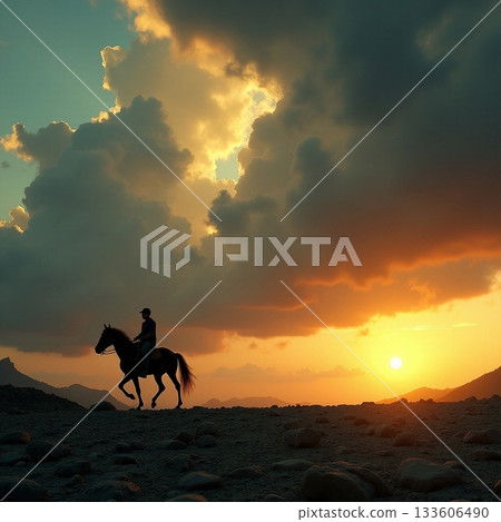 Rider on horseback against a stunning sunset backdrop Generative AI 133606490