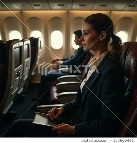 Business travelers preparing for their journey on a plane Generative AI 133606496