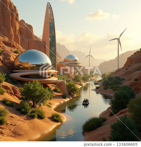 Futuristic eco village along a serene river in a desert valley Generative AI 133606605