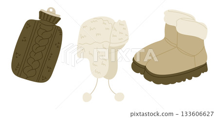 Cozy winter accessories including a knitted hot water bottle cover, a fluffy hat and warm boots are shown in a soft minimal style. The concept conveys warmth, comfort and seasonal essentials 133606627