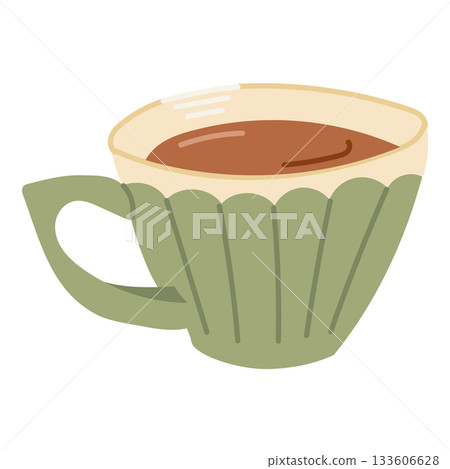 A warm beverage sits in a decorative cup illustrated in a simple cozy style. The concept conveys comfort, relaxation and a calm homely atmosphere 133606628