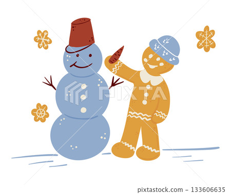 A gingerbread character builds a snowman in a playful winter scene with scattered snowflake cookies. The concept captures holiday fun, seasonal joy and cheerful christmas spirit 133606635
