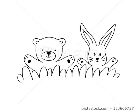 Cute cartoon teddy bear and bunny handdrawn. Vector illustration trend design for t shirt printing, graphic design, kids wear, girls clothes, poster Cute cartoon teddy bear and bunny handdrawn. Vector illustration trend design for t shirt printing, graphic design, kids wear, girls clothes, poster 133606737