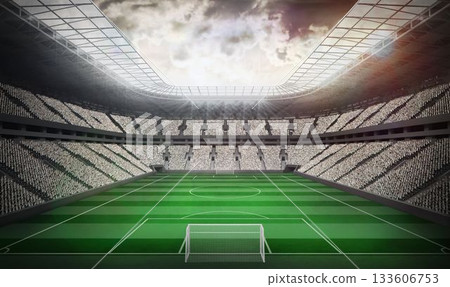 Soccer stadium is being shown in flat design with white goalpost, striped pitch and tiered stands 133606753