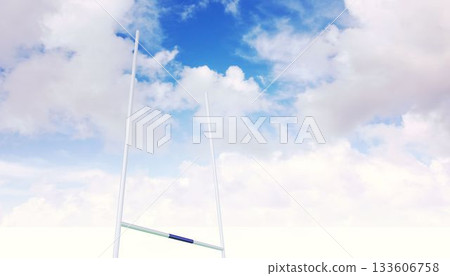 Tall white goalposts are standing on sports ground under bright partly cloudy sky in flat design 133606758