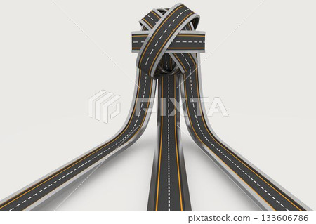 Asphalt ribbons with dashed centers and yellow edges are weaving into intricate knot in flat design Asphalt ribbons with dashed centers and yellow edges are weaving into intricate knot in flat design 133606786